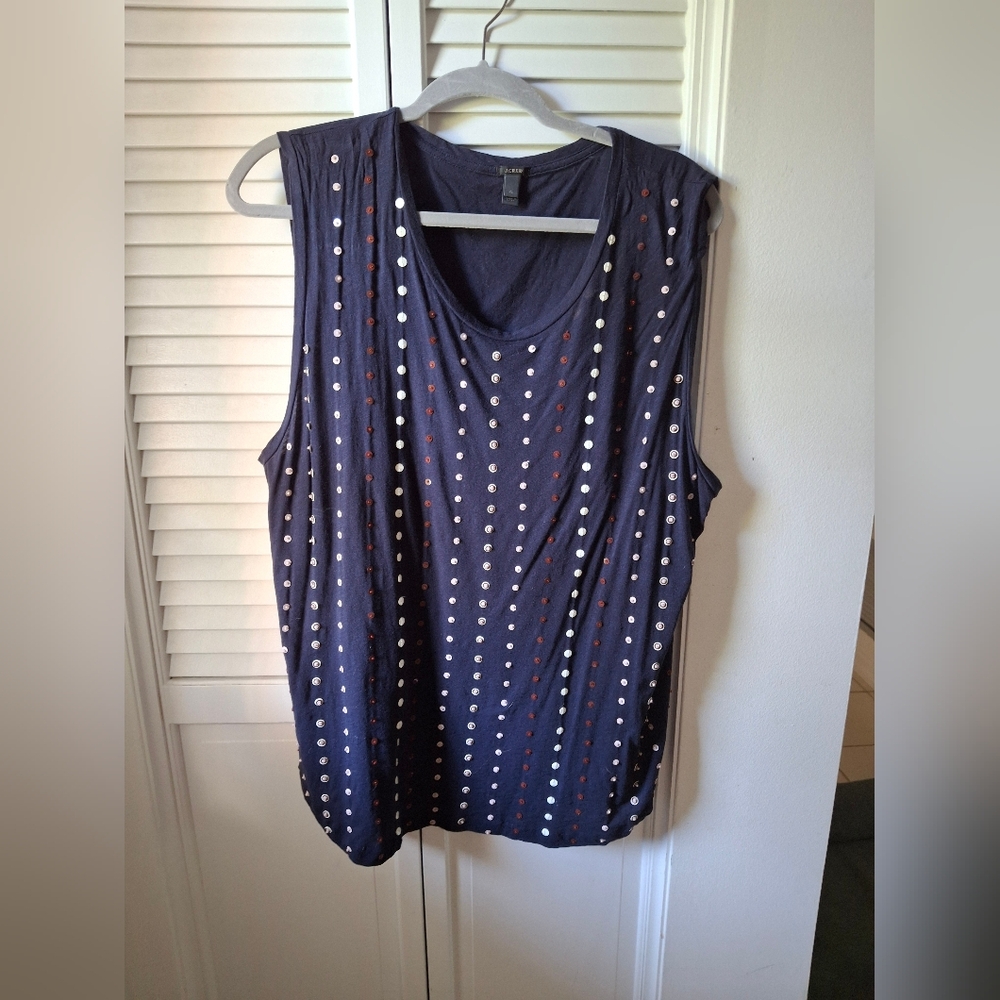 J Crew Stylish Navy Sleeveless Top with Polka Dot Design